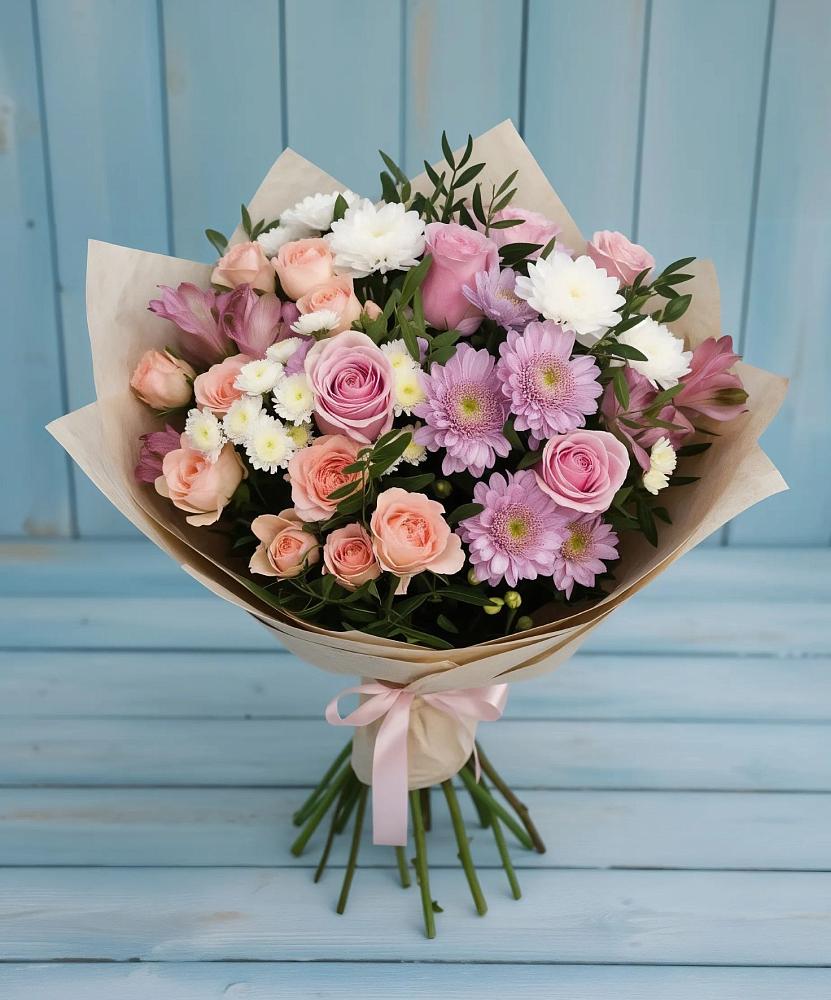 Букет цветов из: Хризантемы, Розы и Альстромерии в Кировский Курской области