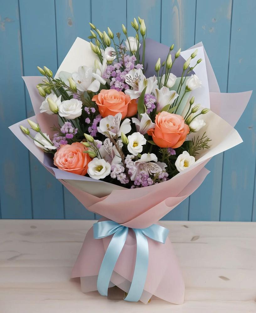 Букет цветов из: Лизиантусы, Розы, Альстромерии и Гипсофила в Кировский Курской области