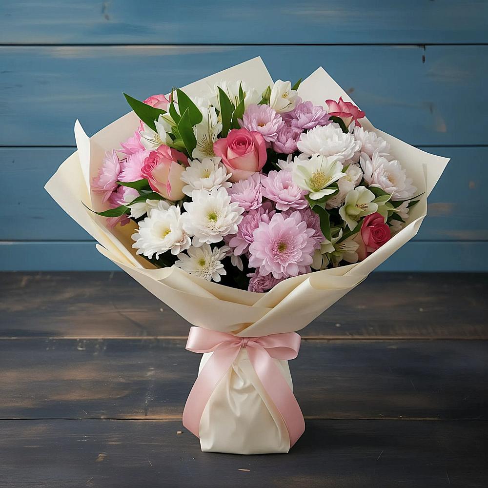 Букет цветов из: Хризантемы, Альстромерии и Розы в Кировский Курской области